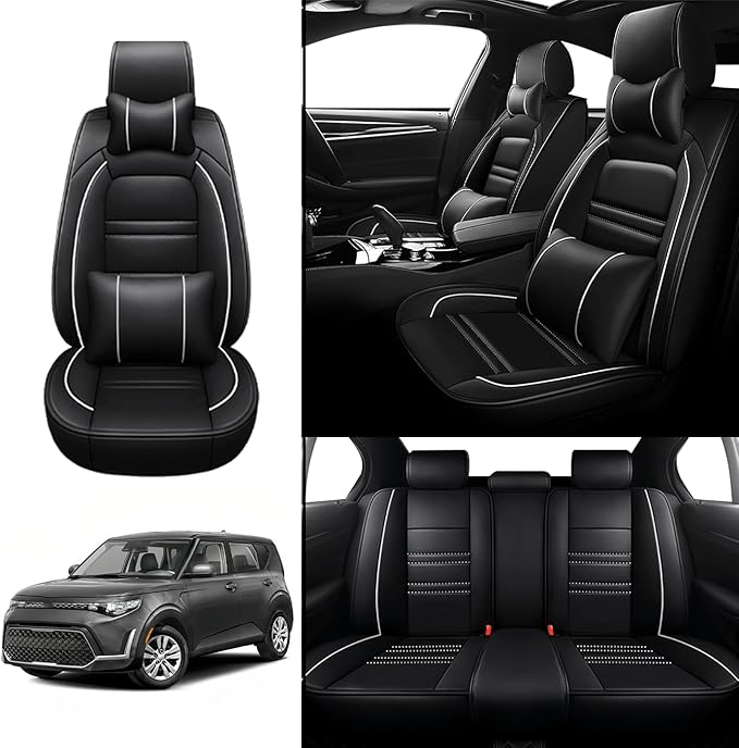Car Seat Covers for kia Soul 2010-2025 | 5-Seats Seat Covers, Waterproof Seat Protectors, Automotive Seat Covers (Full Set with Pillow,Black&White Line)