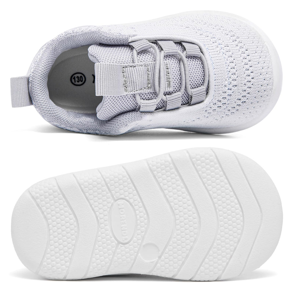 MORENDL Toddler Sneakers - Boys & Girls Breathable Running Shoes, Non-Slip, Slip On Walking Shoes - White, Grey - Size 6 (15-18 Months)