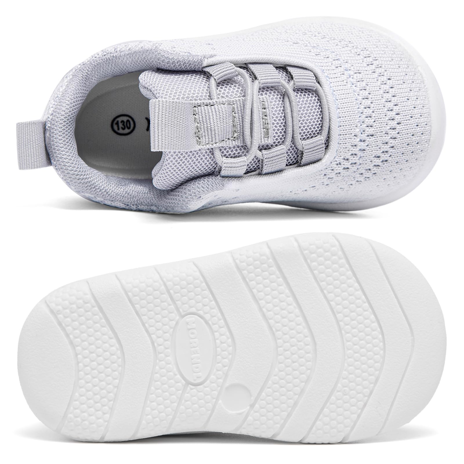 MORENDL Toddler Sneakers - Boys & Girls Breathable Running Shoes, Non-Slip, Slip On Walking Shoes - White, Grey - Size 6 (15-18 Months)