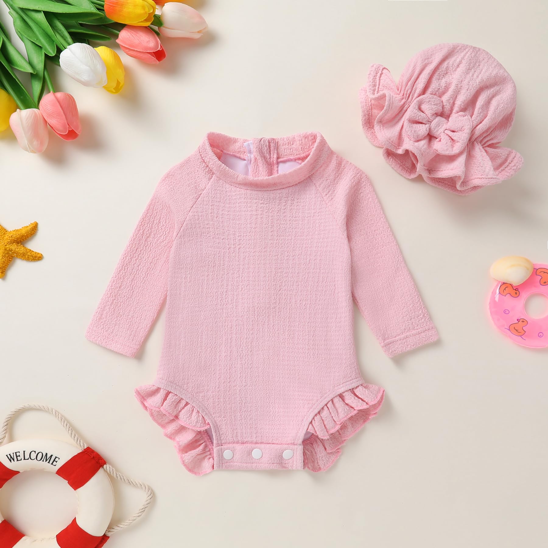 YOUNGER TREE Infant Baby Girls Swimsuit Long Sleeve Swimsuits One Piece Swimsuit Solid Color Bathing Suit with Hat