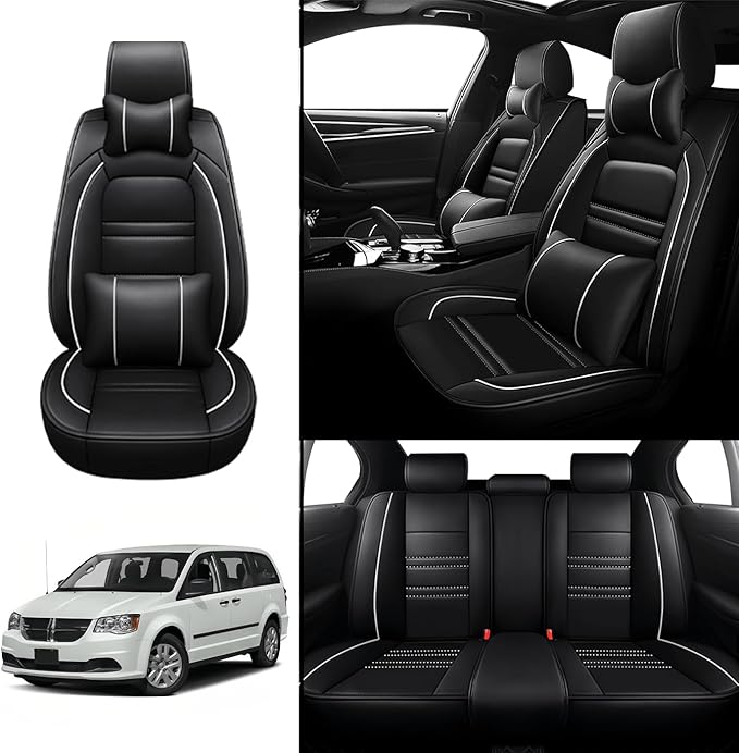 Car Seat Covers for Dodge Grand Caravan 1999-2020 | 5-Seats Seat Covers, Waterproof Seat Protectors, Automotive Seat Covers (Full Set with Pillow,Black&White Line)