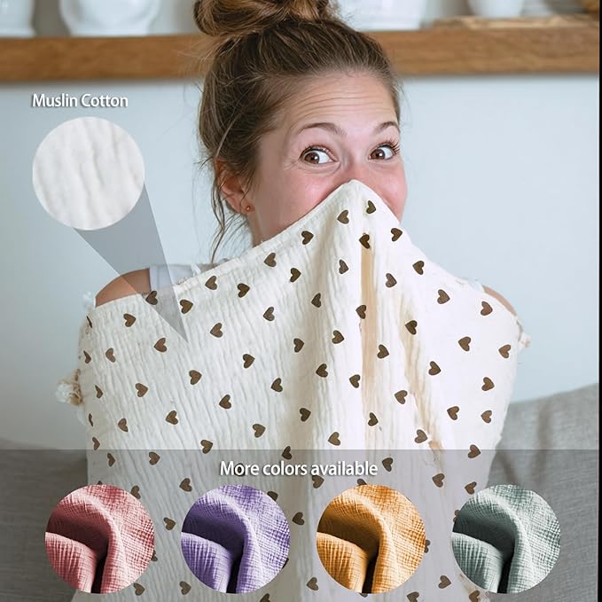 Muslin Nursing Covers for Breastfeeding, Arch Neckline Breast Feeding Covers for Women, Moms Privacy Breathable Summer Nursing Apron, 43.3" x 25.6" Soft Feeding Cover (Beige Sweet Khaki Heart)