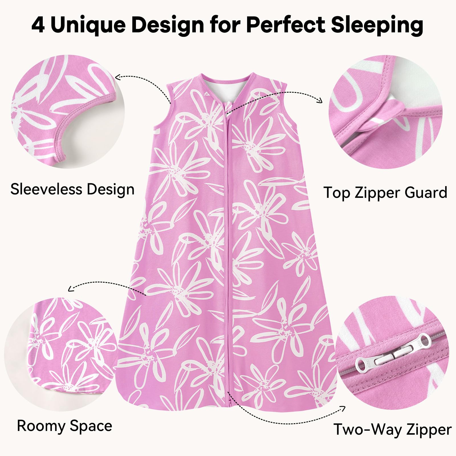 Unnivoll Baby Sleep Sack 6-12 Months 1.0 Tog Baby Wearable Blanket 100% Cotton Sleeping Sack with 2-Way Zipper for Infant Newborn Purple Leaf
