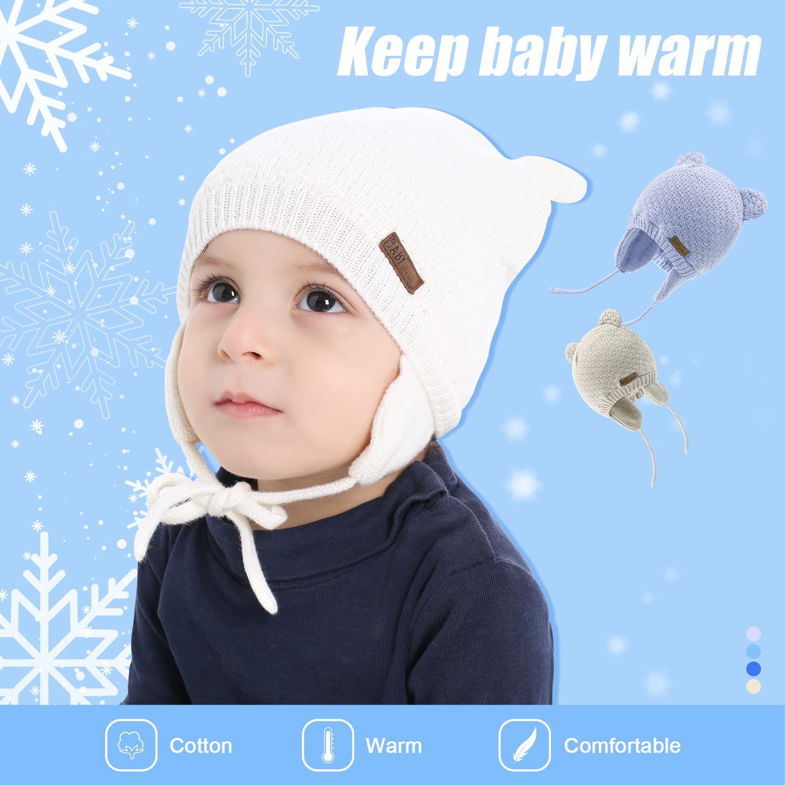 BAVST Baby Beanie Hat for Winter with Earfalp Cute Bear Kids Toddler Girls Boys Warm Knit Cap 0-2Years