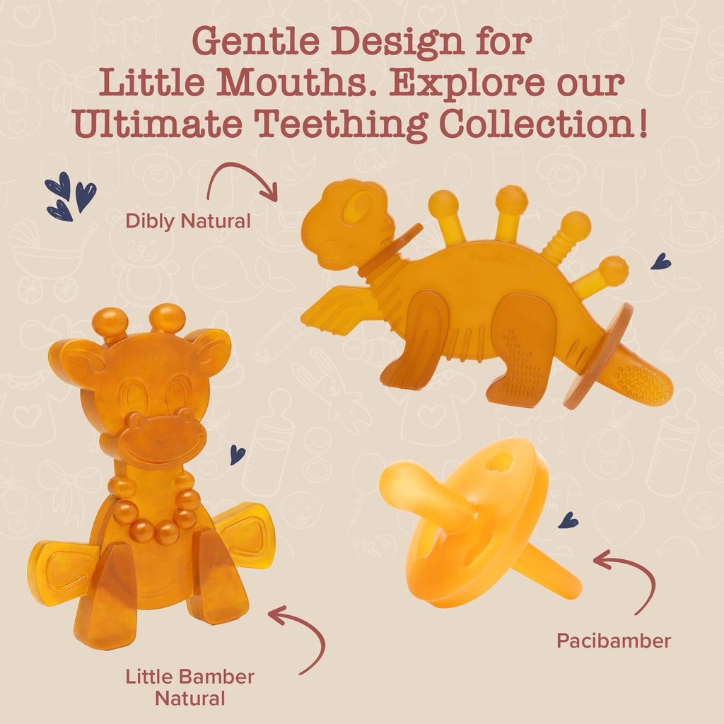 Bambeado Dibly Baby Teething Toy - Made with Natural Rubber & Amber Elements - Gentle Support, Easy to Hold, Simple to Clean - Cute Dinosaur Teether Toy - Alternative to Amber Teething Necklace