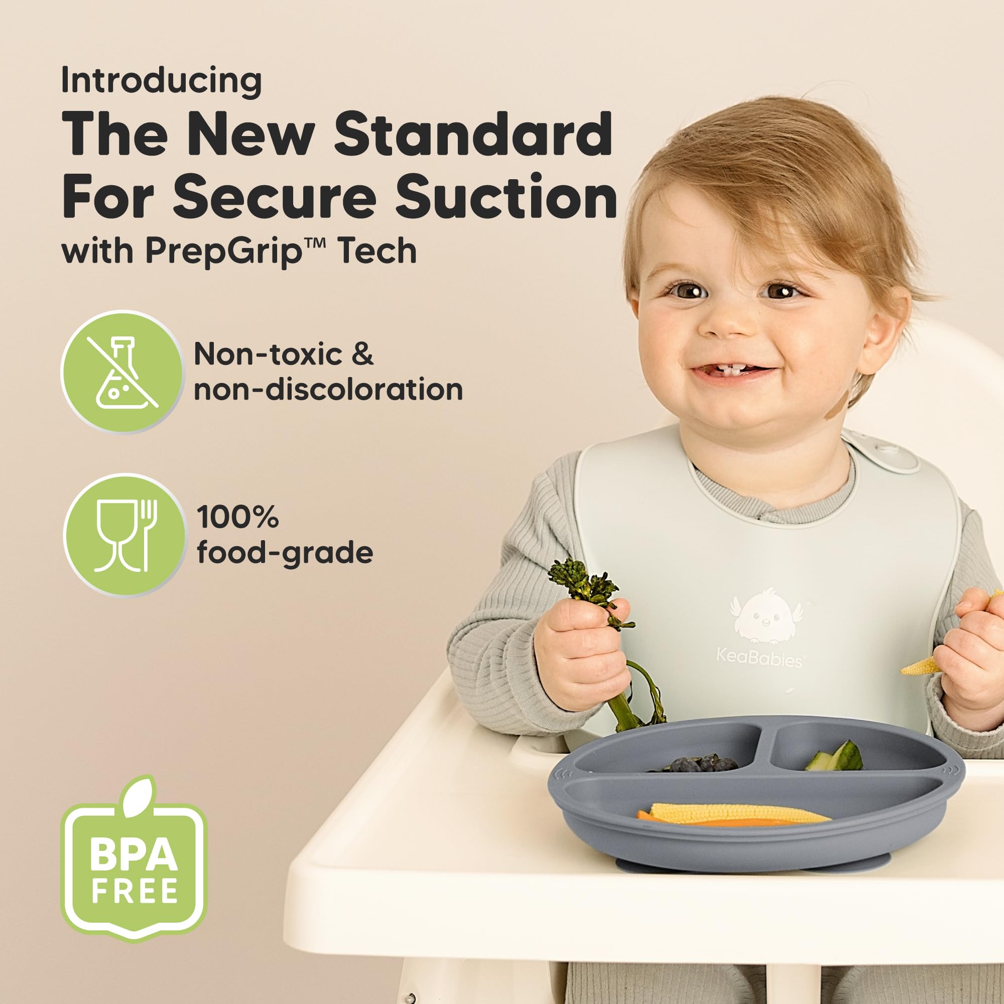 KeaBabies Suction Plates for Baby, Toddler, 3-Pack, 100% Silicone (Slate)