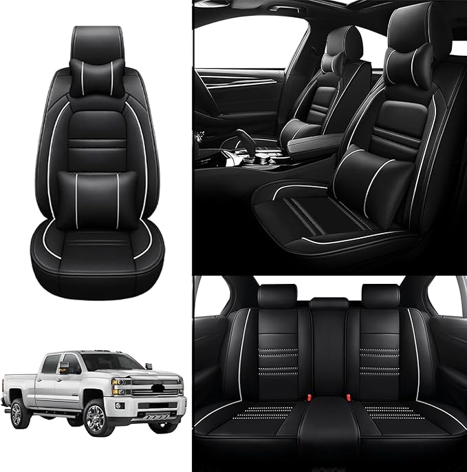 Car Seat Covers for Chevy Silverado 2007-2025 | 5-Seats Seat Covers, Waterproof Seat Protectors, Automotive Seat Covers (Full Set with Pillow,Black&White Line)