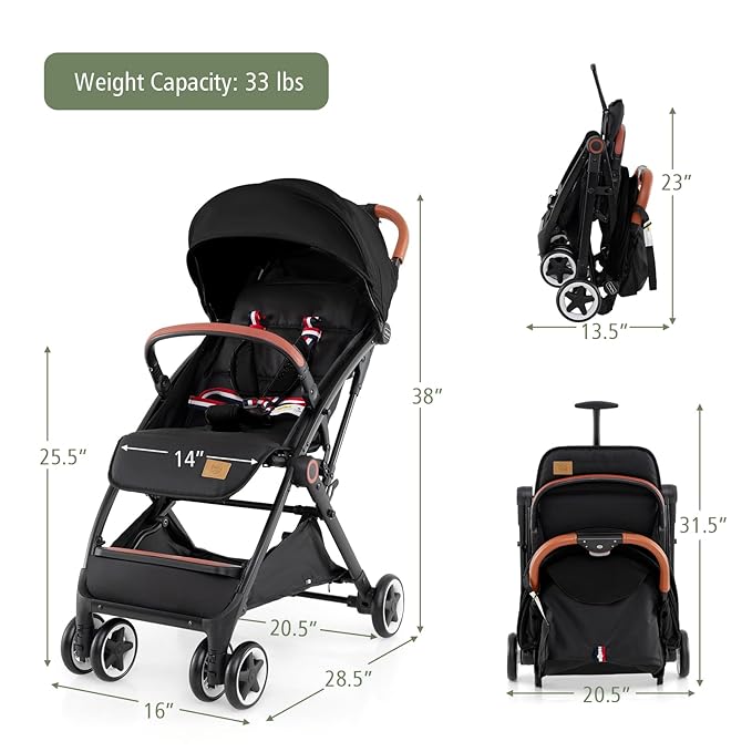 BABY JOY Lightweight Baby Stroller, Compact Toddler Travel Stroller for Airplane, Infant Stroller w/ 5-Point Harness, Adjustable Backrest/Footrest/Canopy, Storage Basket, Easy One-Hand Fold (Black)