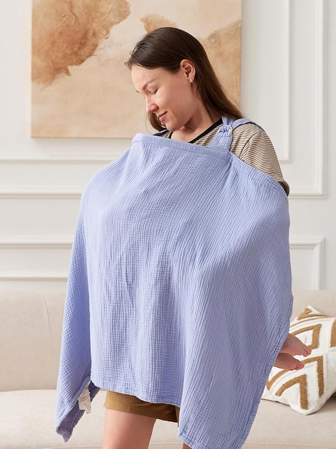 TILLYOU Muslin Nursing Cover for Baby Breastfeeding, 100% Cotton Breathable with Arch Neckline for Women, Blue