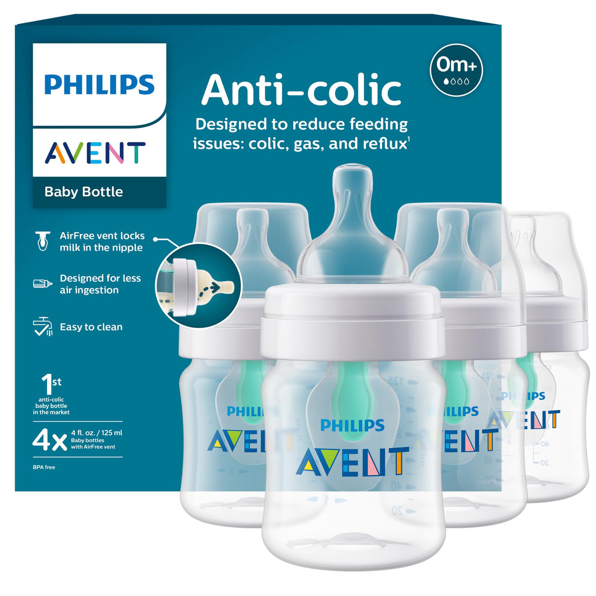 Philips Avent Anti-Colic Baby Bottle with AirFree Vent, Medium Flow, 9 oz