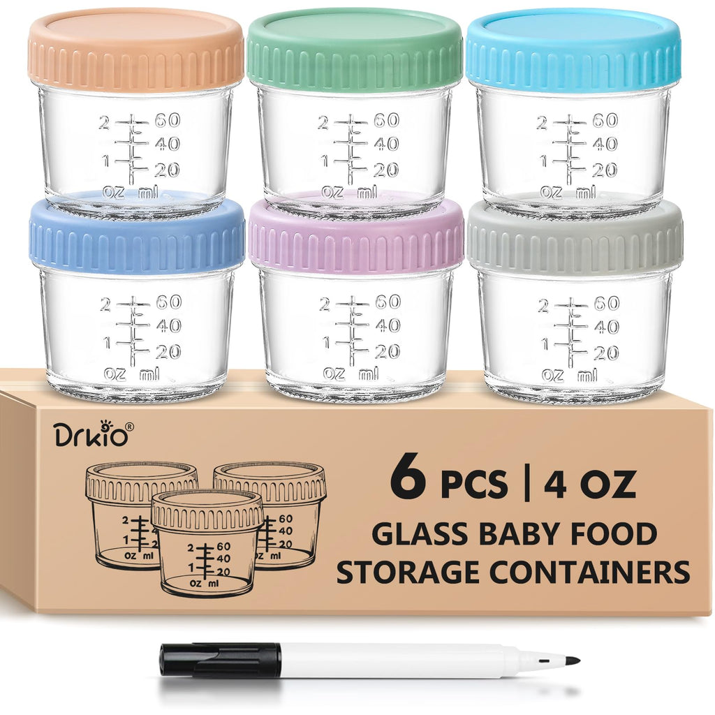 DRKIO 6 pcs Baby Food Storage Containers 4 Oz Small Glass Jars with Lids