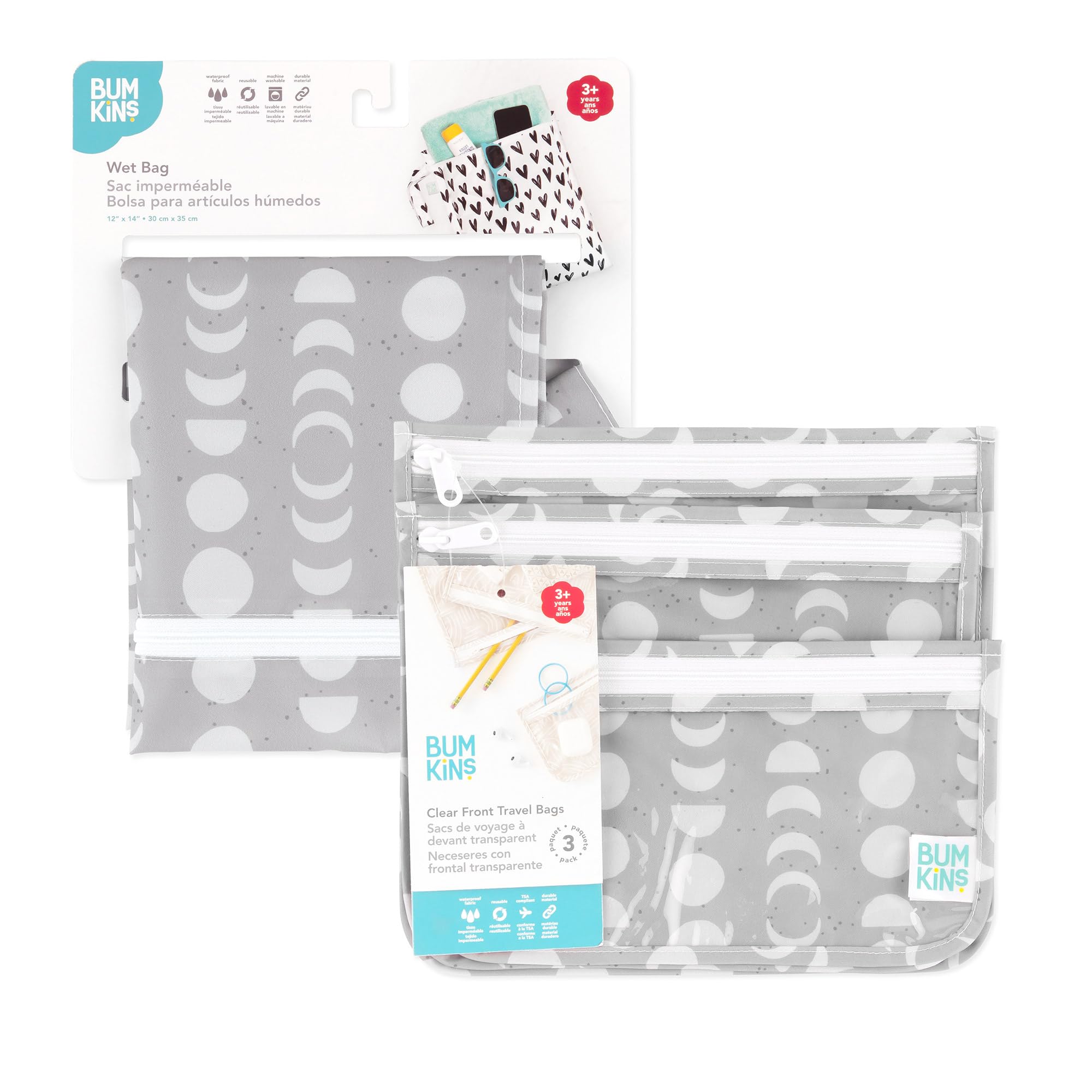 Bumkins - Waterproof Wet Bag & Clear Travel Bags - For Beach, Baby, Travel, Swim Suit, Cloth Diapers, Pump Parts, Pool, Gym, Toiletries - Reusable & Easy to Clean - Lunar Gray - 4 Pack