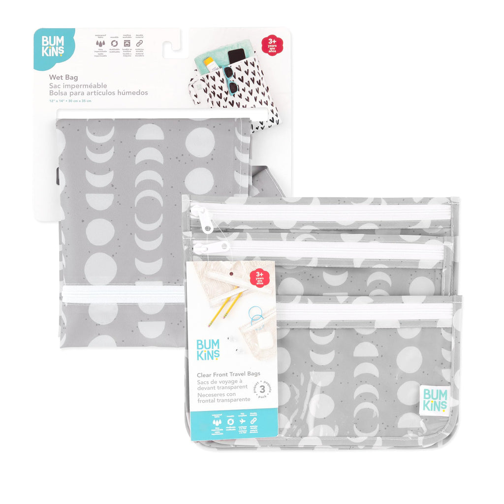 Bumkins - Waterproof Wet Bag & Clear Travel Bags - For Beach, Baby, Travel, Swim Suit, Cloth Diapers, Pump Parts, Pool, Gym, Toiletries - Reusable & Easy to Clean - Lunar Gray - 4 Pack