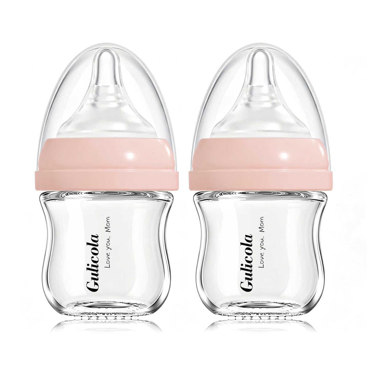 Gulicola Small Glass Baby Bottle for Newborn Breastfeeding Babies, Preemie & Extra Slow Flow Nipples (SS), Anti-Colic, Breast-Like, 0 Months+, 3 oz, 2 Pack - Pink