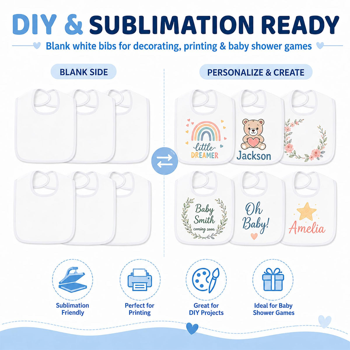 Foaincore 30 Pcs White Bibs Bulk, 2 Ply Waterproof for Baby Shower DIY