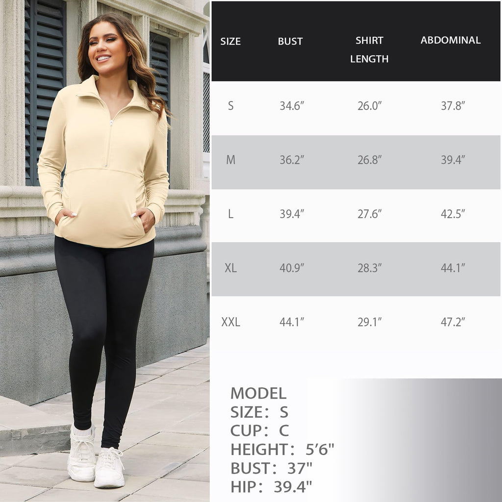 GINKANA Maternity Long Sleeve Shirts Half Zipper Lapel Lightweight Casual Maternity Tops with Pockets,Apricot,L
