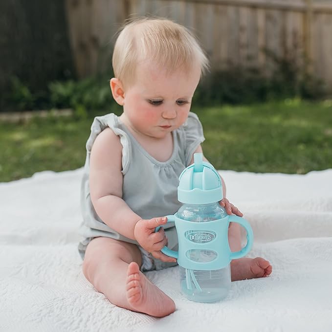 Dr. Brown's Milestones Wide-Neck Sippy Straw Bottle with 100% Silicone Handles and Weighted Straw, 9 oz/270 mL, Gray & Green, 6m+ (Pack of 6)