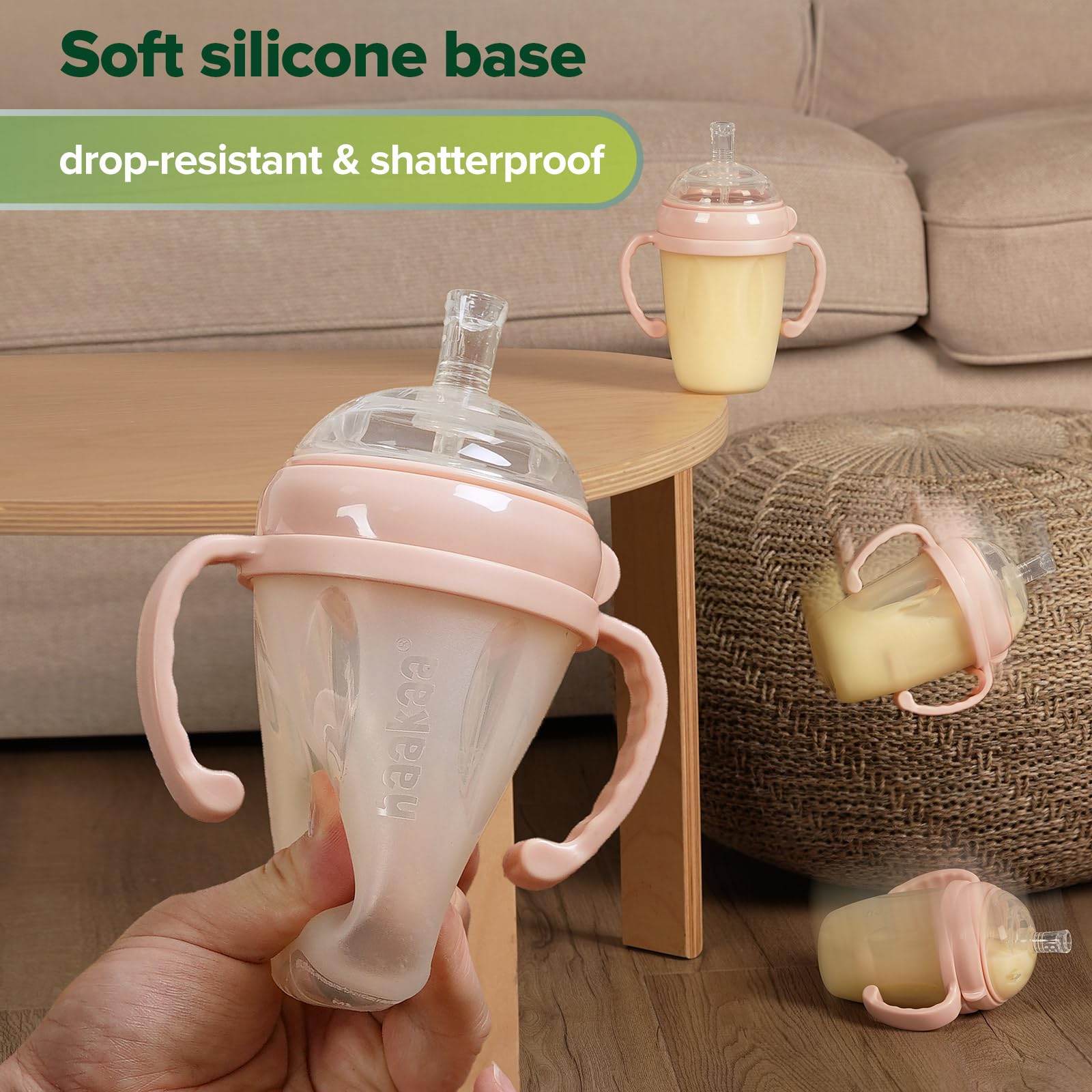 haakaa Weighted Straw Sippy Cup for 6+ Month Old, Silicone Weighted Straw Cup Milk Sippy Cup Baby Water Bottle with Straw Brush (Peach, 8oz./250ml)