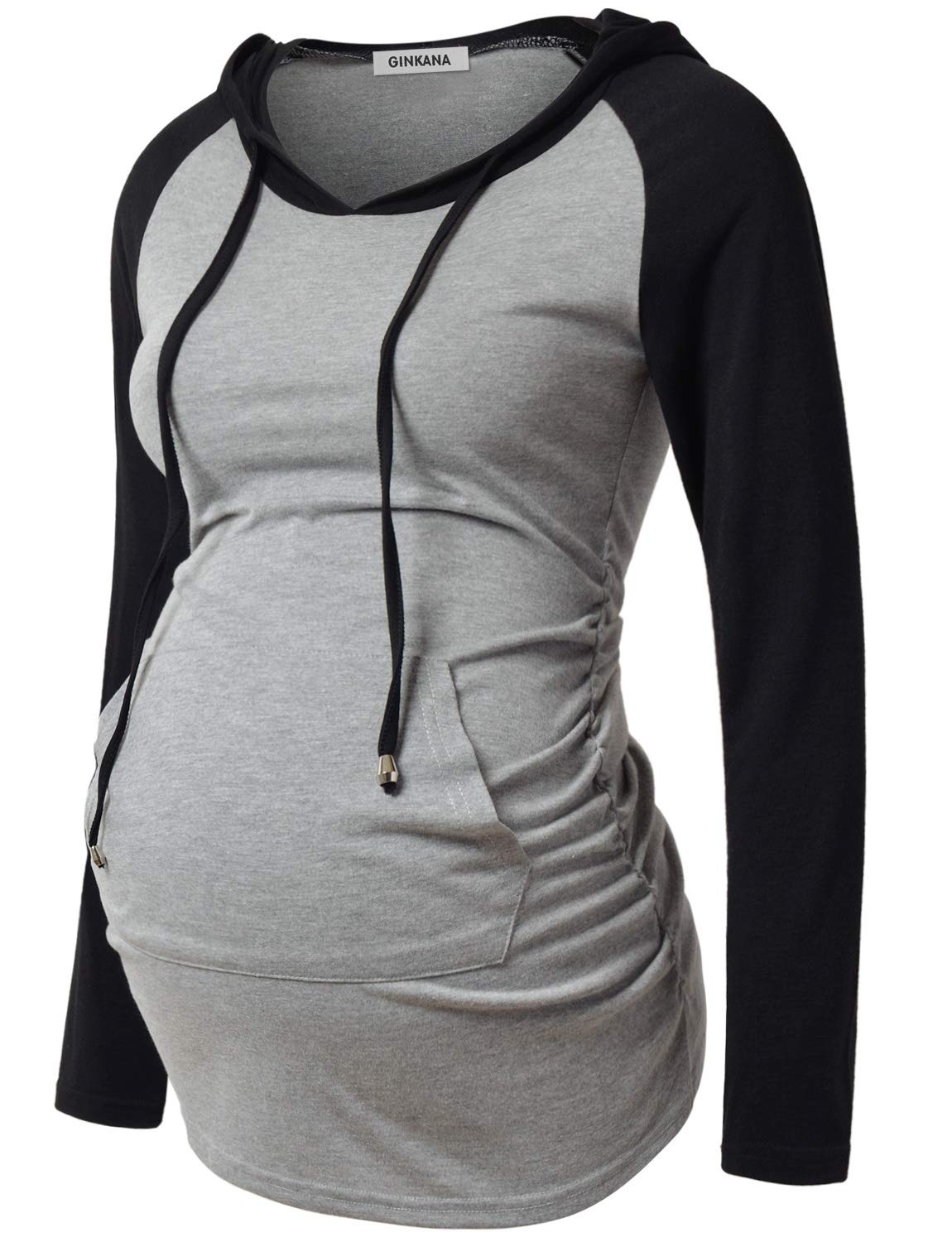GINKANA Maternity Hoodie Long Sleeves Shirt Casual Top Maternity Top Pregnancy Sweatshirt,Gery with Black,XX-Large