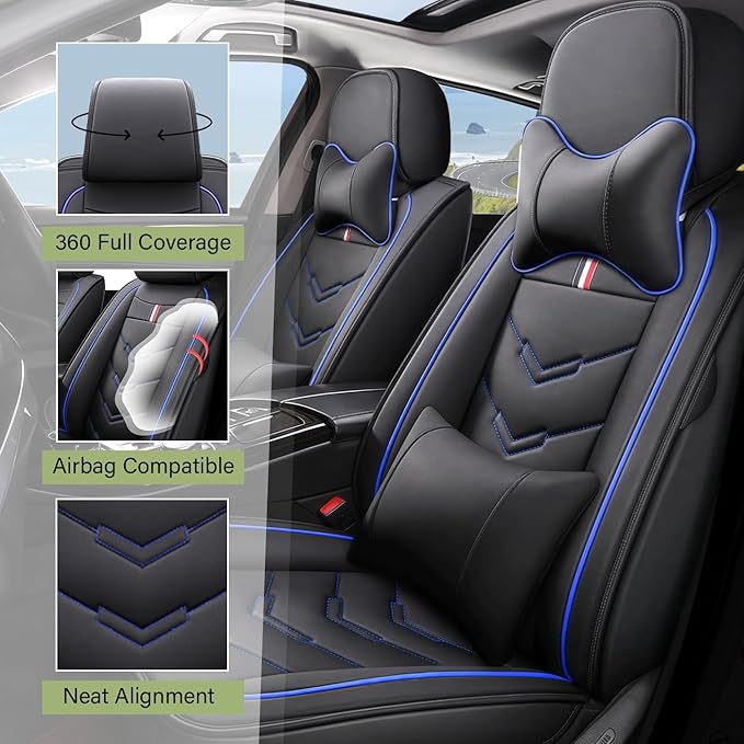 Leather Car Seat Covers Fit for LR LR4 2009-2016, 5 Seater Waterproof and Wear-Resistant Seat Cover Interior Accessories(Full Set with Pillow,Black&Blue)