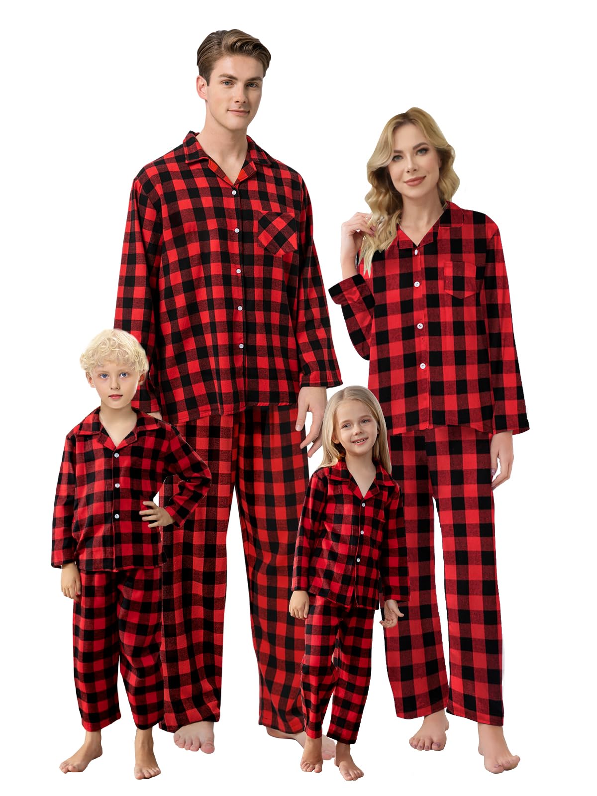 Schbbbta Kids Christmas Pajamas Set Boys Girls 2 Piece Button Down Sleepwear Pjs, Black Red, 9-10 Years=Tag 150