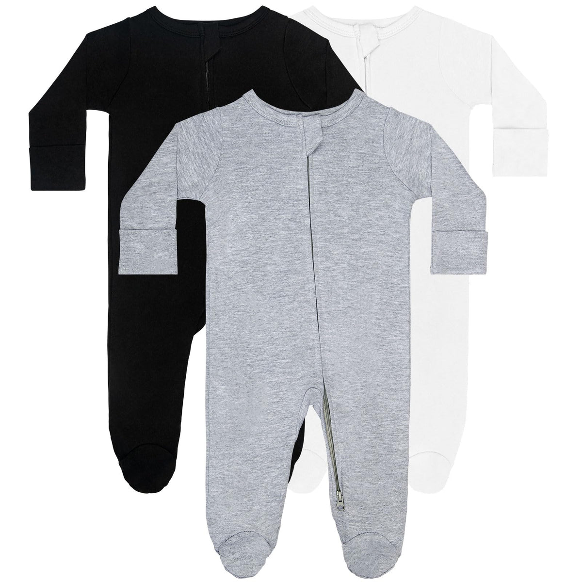 GUISBY Long Sleeve Baby Footed Pajamas with Mittens Cotton Sleepers with Zipper 3-Pack Orange+Dark Pink+Light Green 9-12 Months