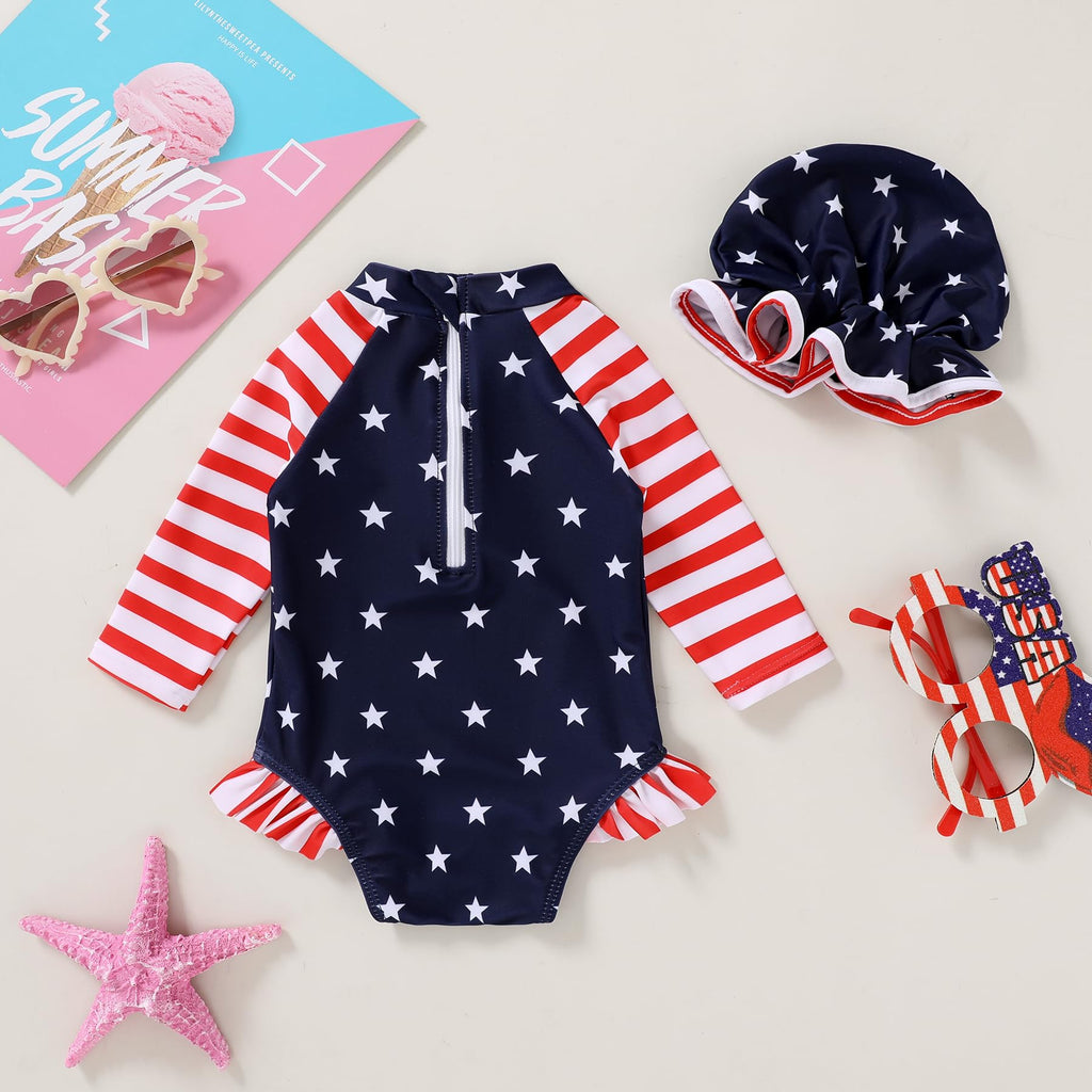 Infant Baby Girl Swimsuit One-Piece Long Sleeve Rash Guard with Hat Set Floral Zipper Bathing Suit Leopard Beach Wear(Independence Day,12-18 Months)