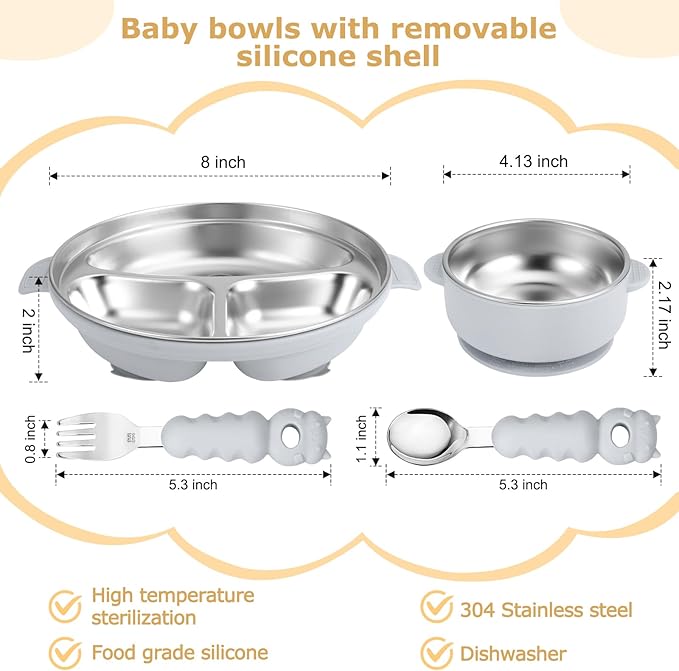 Stainless Steel Baby Plates with Suction, Toddler Plates with Removable Silicone Shell for Kids, Non-Slip Toddler Baby Feeding Set, Forks + Spoons Included-Gray