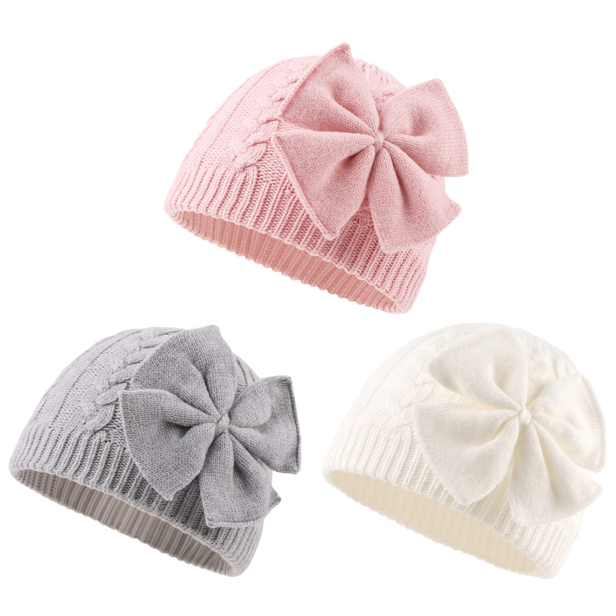 JANGANNSA Winter Warm Knitted Baby Hat for Girls Cotton Lined Infant Toddler Hat Autumn Cute Bow Classic Girls Beanie 0-6Y (Black+Gray+Caramel,S)