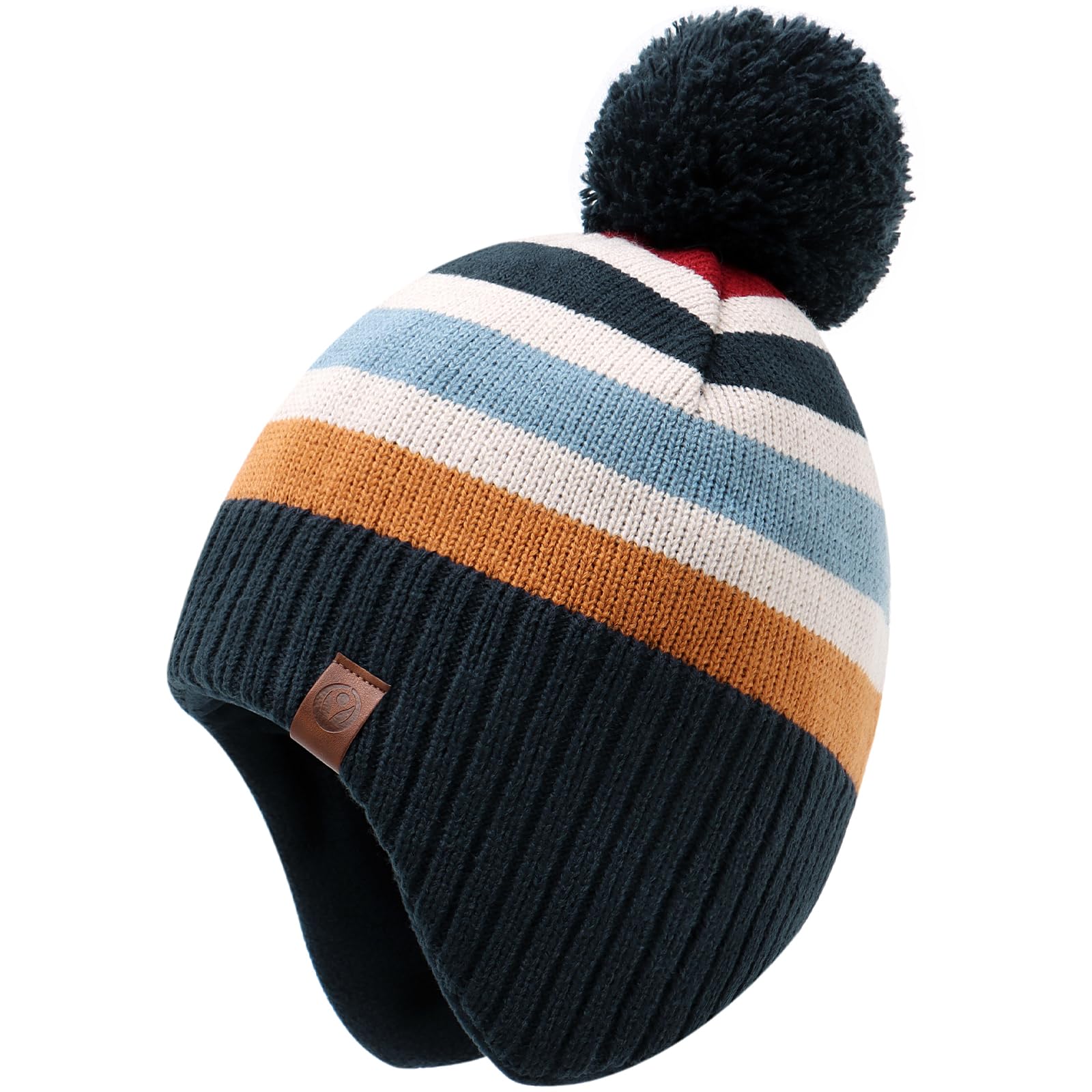 Duoyeree Kids Beanie Hat for Boys Girls Pom-pom Kint Hats Cozy Lining Winter Skull Cap,Stripes,4T-7T