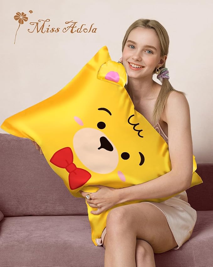 Kids Pillowcases Standard Size 20"x26" - Cute Cartoon Soft Breathable Silk Pillow Cases for Hair and Skin with Hidden Zipper for Girls Fun Kawaii Design for Bedding, Yellow Bear