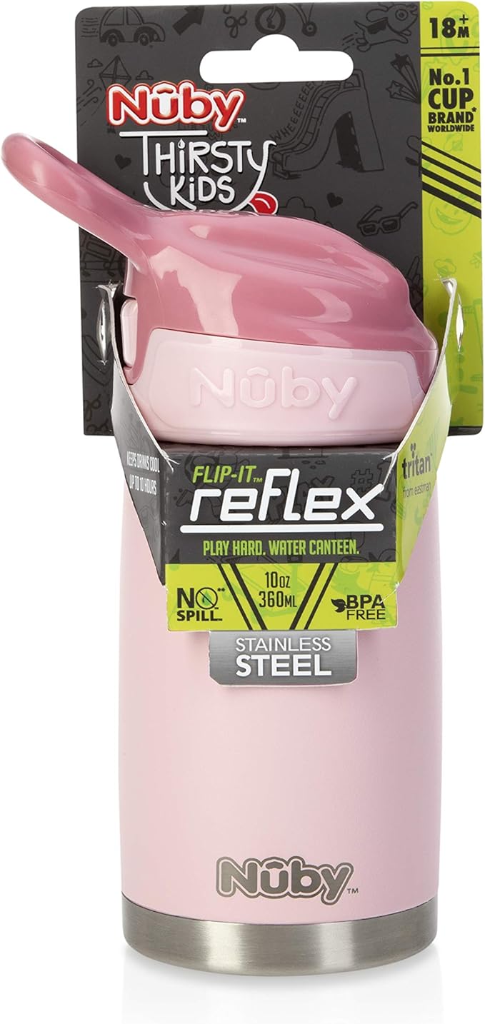 Nuby Thirsty Kids No Spill Flip-It Reflex Stainless Steel Travel Cup or Water Bottle - 10 Oz - 18+ Months - Pink - Back to School Essentials