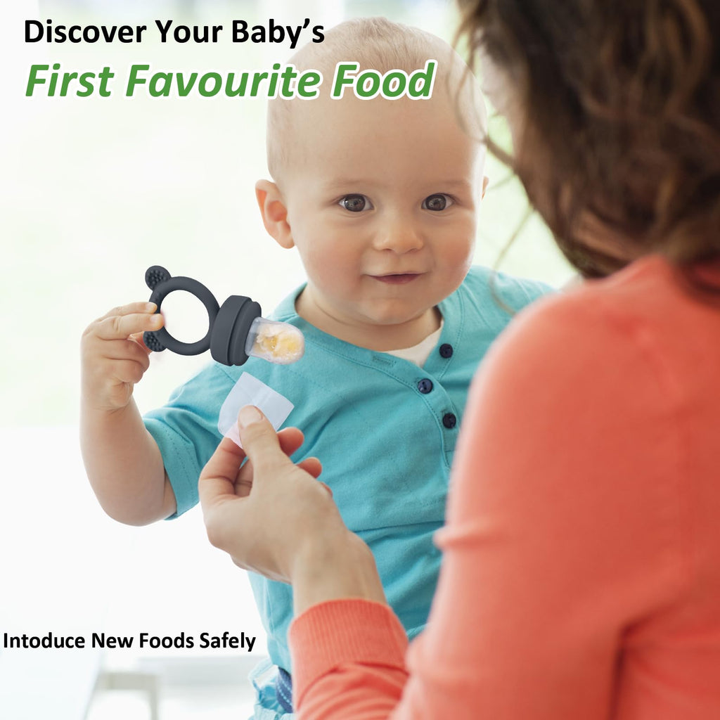 JEXFUN Silicone Baby Food Feeders + Freezer Tray for Batch Prep, Introduce New Foods Safely, Double as Silicone Teething Toys, BPA Free Silicone Feeder for Safe Infant Self Feeding - (Dark Grey)