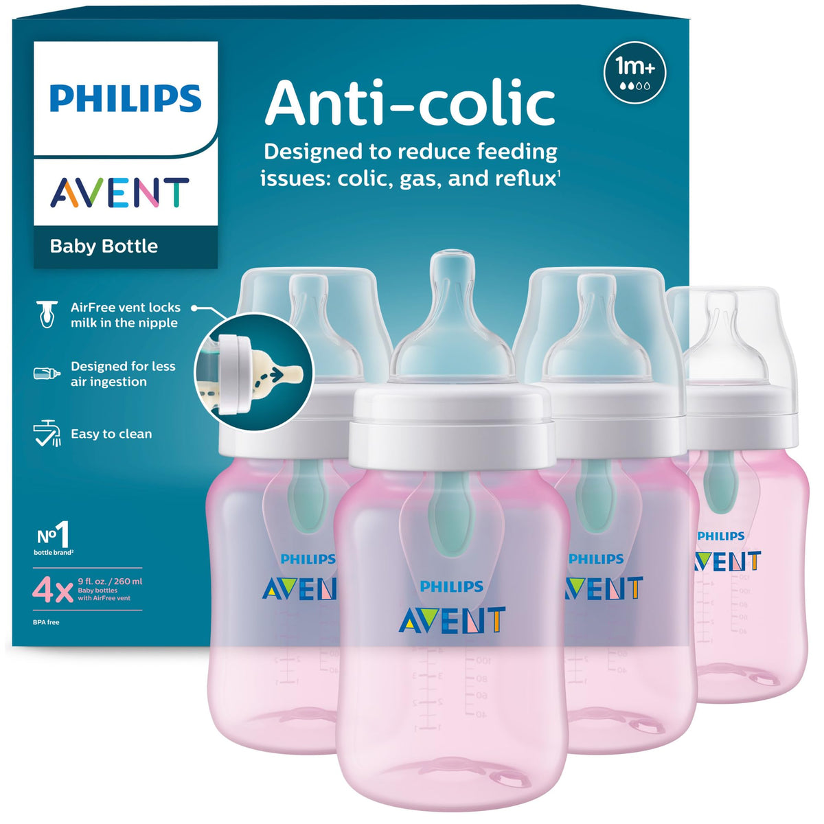 Philips Avent Anti-Colic Baby Bottle with AirFree Vent, Medium Flow, 9 oz