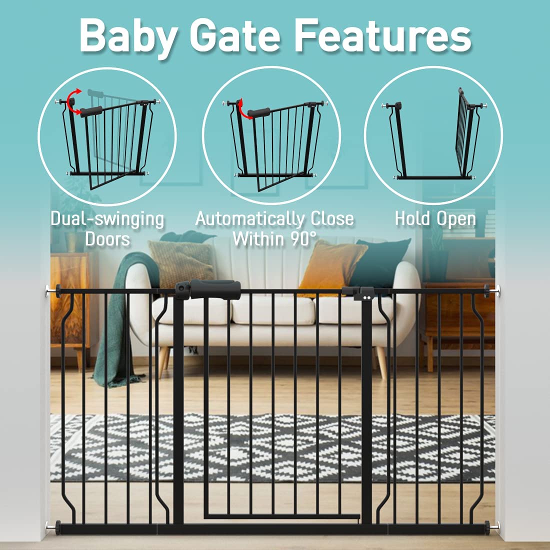 WAOWAO 57.48-62.20" Extra Wide Baby Gate Pressure Mounted 30" Tall Black