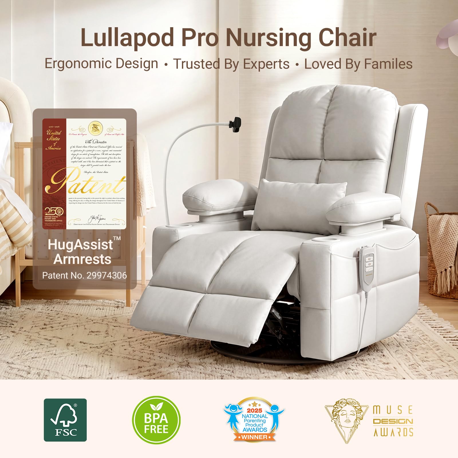 MAMAZING Lullapod Power Nursery Rocking Chair with HugAssist Armrest