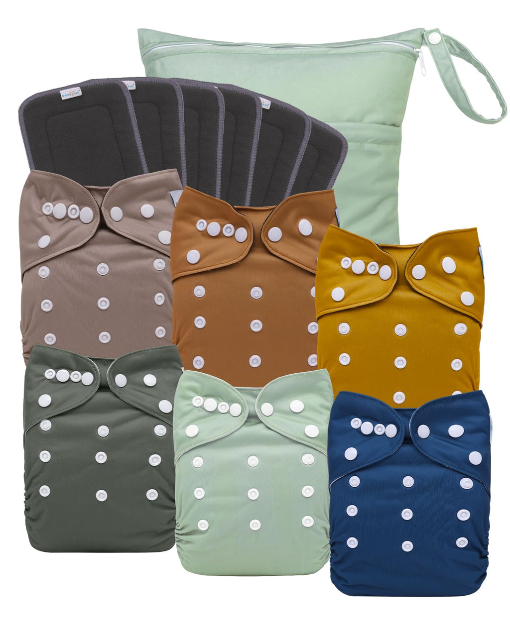 babygoal Reusable Charcoal Cloth Diapers with Double Gussets, 6 Pack Washable Baby Pocket Diapers with 6pcs Charcoal Inserts and Wet Dry Bag(Solid Color)