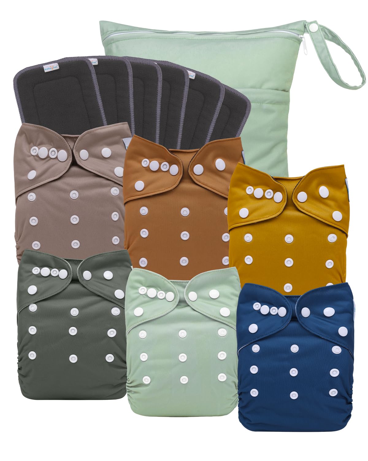 babygoal Reusable Charcoal Cloth Diapers with Double Gussets, 6 Pack Washable Baby Pocket Diapers with 6pcs Charcoal Inserts and Wet Dry Bag(Solid Color)