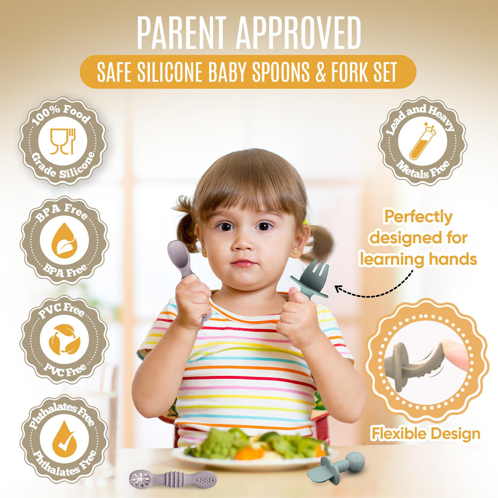 HippoBaby 4pc Silicone Baby Spoons Self Feeding Baby Utensils 6-12 Months - 3 Baby Spoon - 1 Baby Fork - Toddler Cutlery Set - BPA Free, Dishwasher Safe, Baby Eating Essentials (Light pink/Army Green)