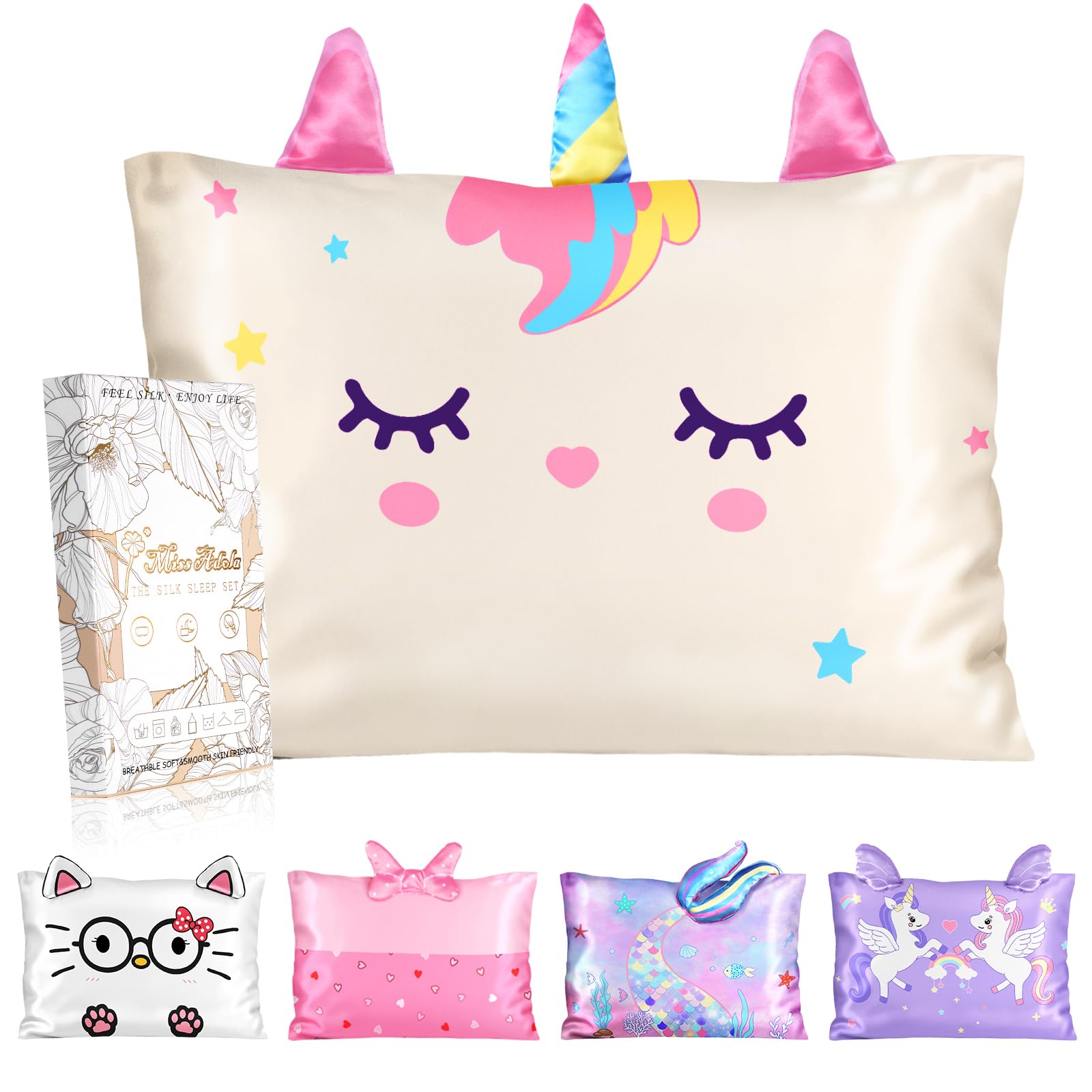 Miss Adola Kids Pillowcases Standard Size 20"x26" - Cute Cartoon Soft Breathable Silk Pillow Cases for Hair and Skin with Hidden Zipper for Girls Fun Kawaii Design for Bedding, White Unicorn