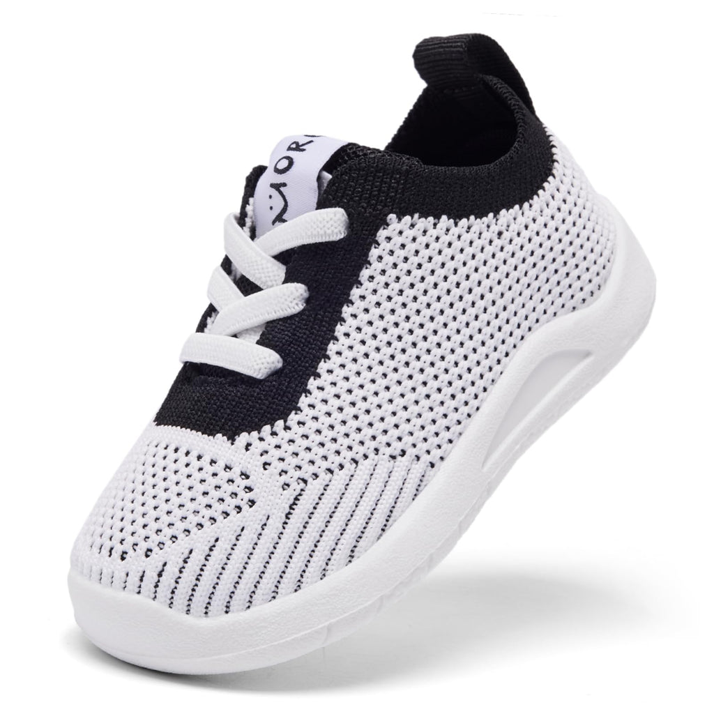 MORENDL Toddler Shoes Baby Walking Sock Shoes Infant Sneakers Boy Girl Barefoot Tennis Shoe Non-Slip Brethable White Black 15-18 Months