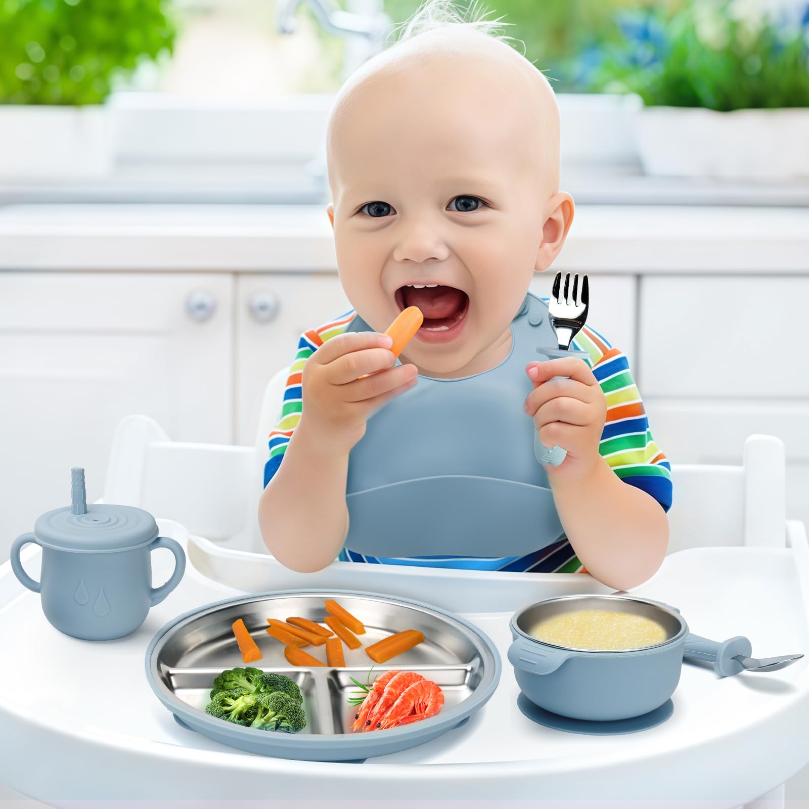 MISSLILI Stainless Steel Kids Plates and Bowls Set with Suction - (Blue)