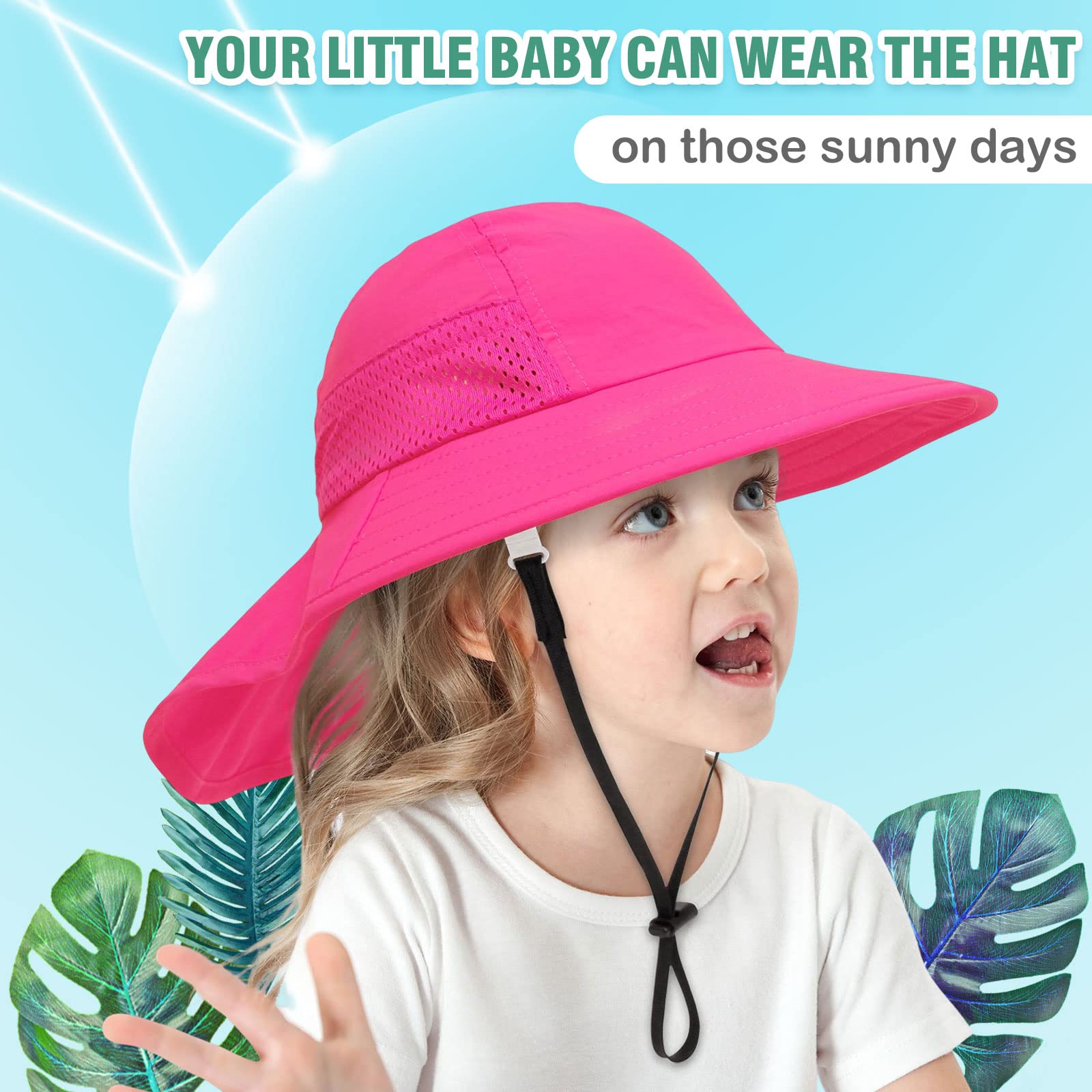 XIAOHAWANG Girls Sun Hat Baby Beach Hats Toddler Boys UPF 50+ Kids Summer Protection Cap Wide Brim Neck Flap(6-12Months,2 Pack(White+Rose))