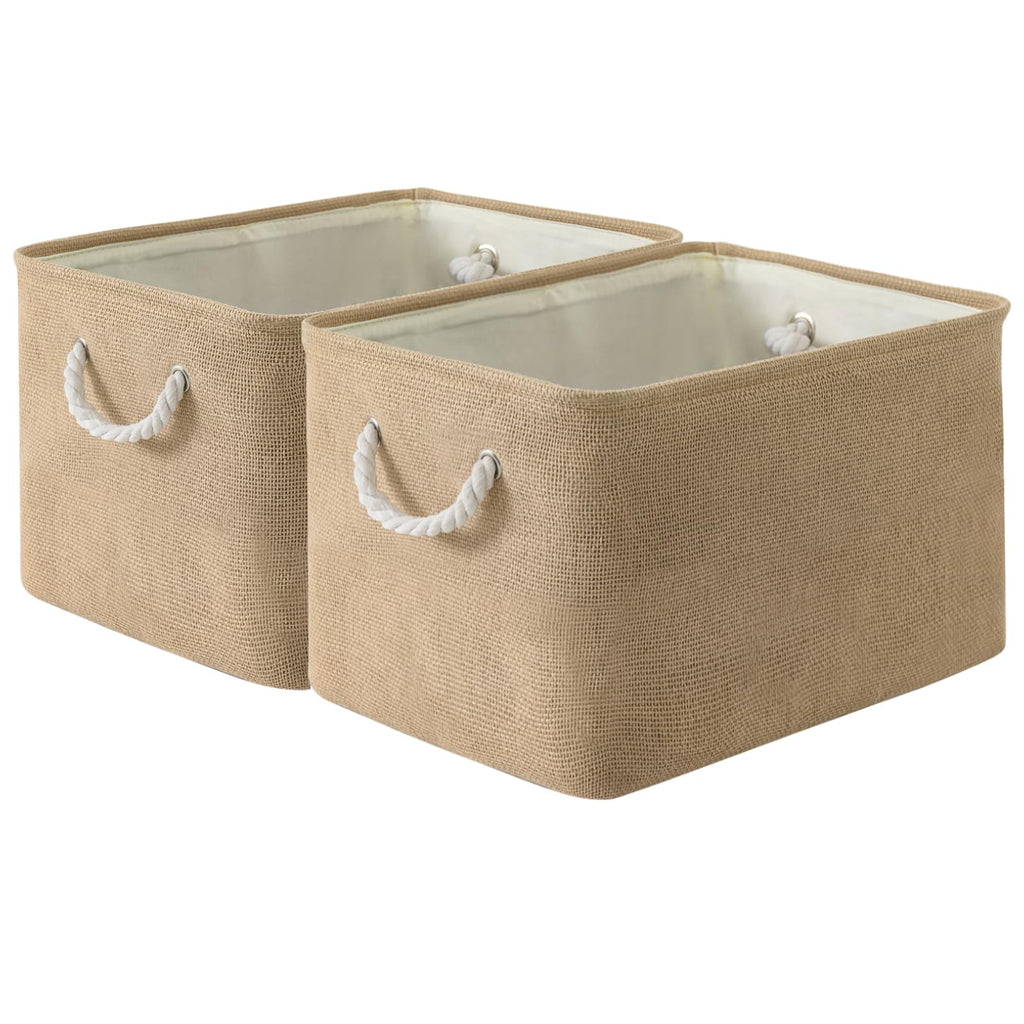 Sacyic Organization and Storage Basket for Organizing - 17X15X12 inch 2 Pack Collapsible Baskets for Shelves, Fabric Storage Cubes with Rope, Storage Box for Cloth Decorative Gift (Beige)