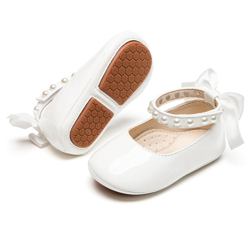 PHIRAMIN Baby Girls Ivory White Mary Jane Flats - Infant 12-18 Months Walking Shoes Soft Rubber Sole Princess Wedding