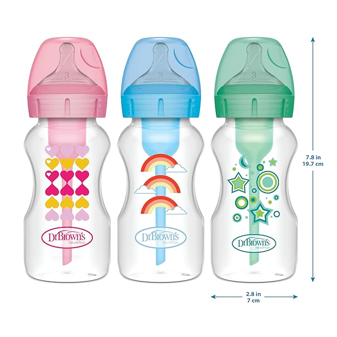 Dr. Brown's Anti-Colic Options+ Wide-Neck Sippy Bottle Starter Kit, 9oz/270mL, with Level 3 Medium-Fast Flow Nipple and Soft 100% Silicone Sippy Spout, Blue, BPA Free, 6m+