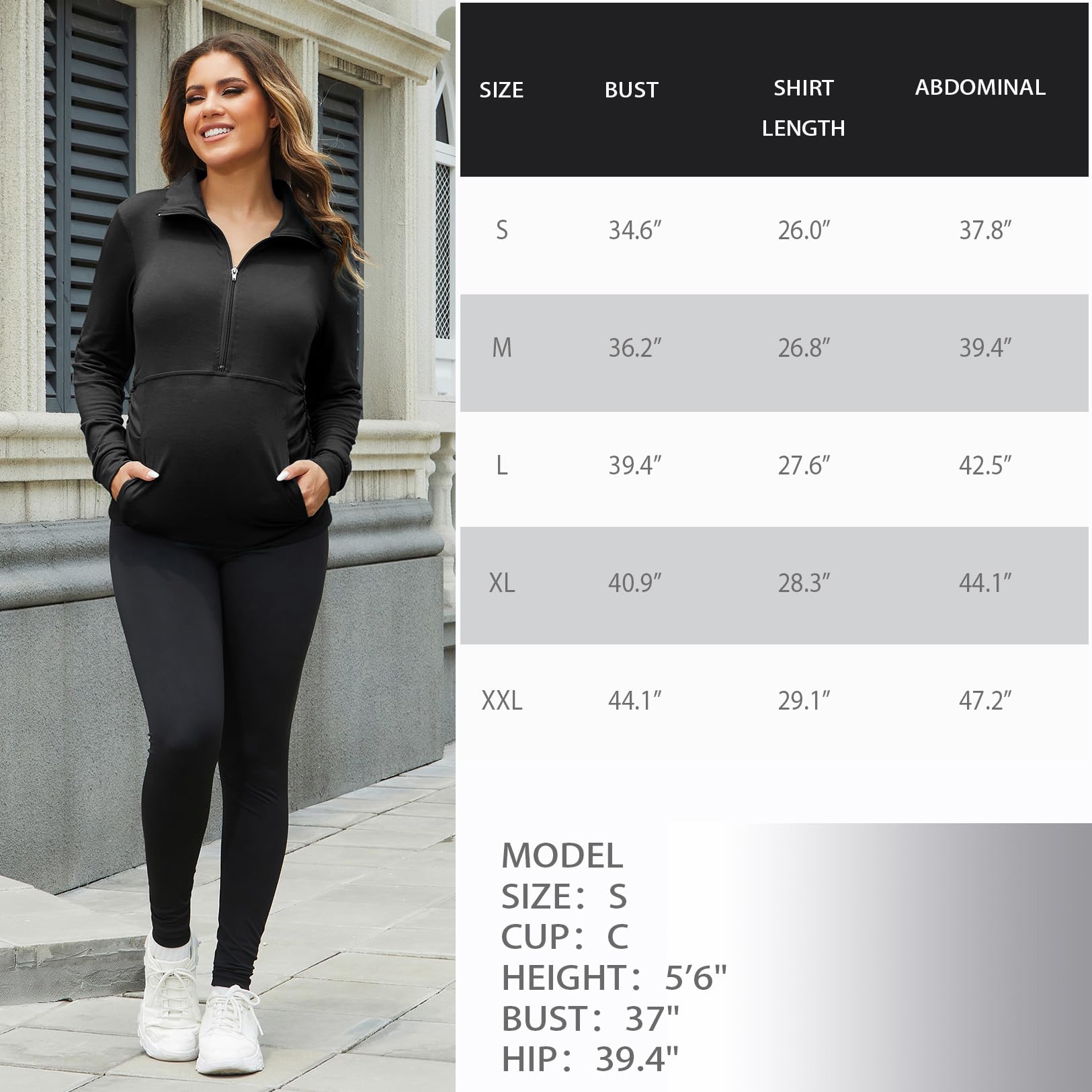 GINKANA Maternity Women's Long Sleeve Shirts Half Zipper Lapel Lightweight Casual Maternity Tops with Pockets,Black,XL