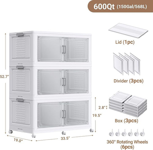 150Gal XL Stackable Storage Bins Foldable Box Cabinet for Home 3Pack White