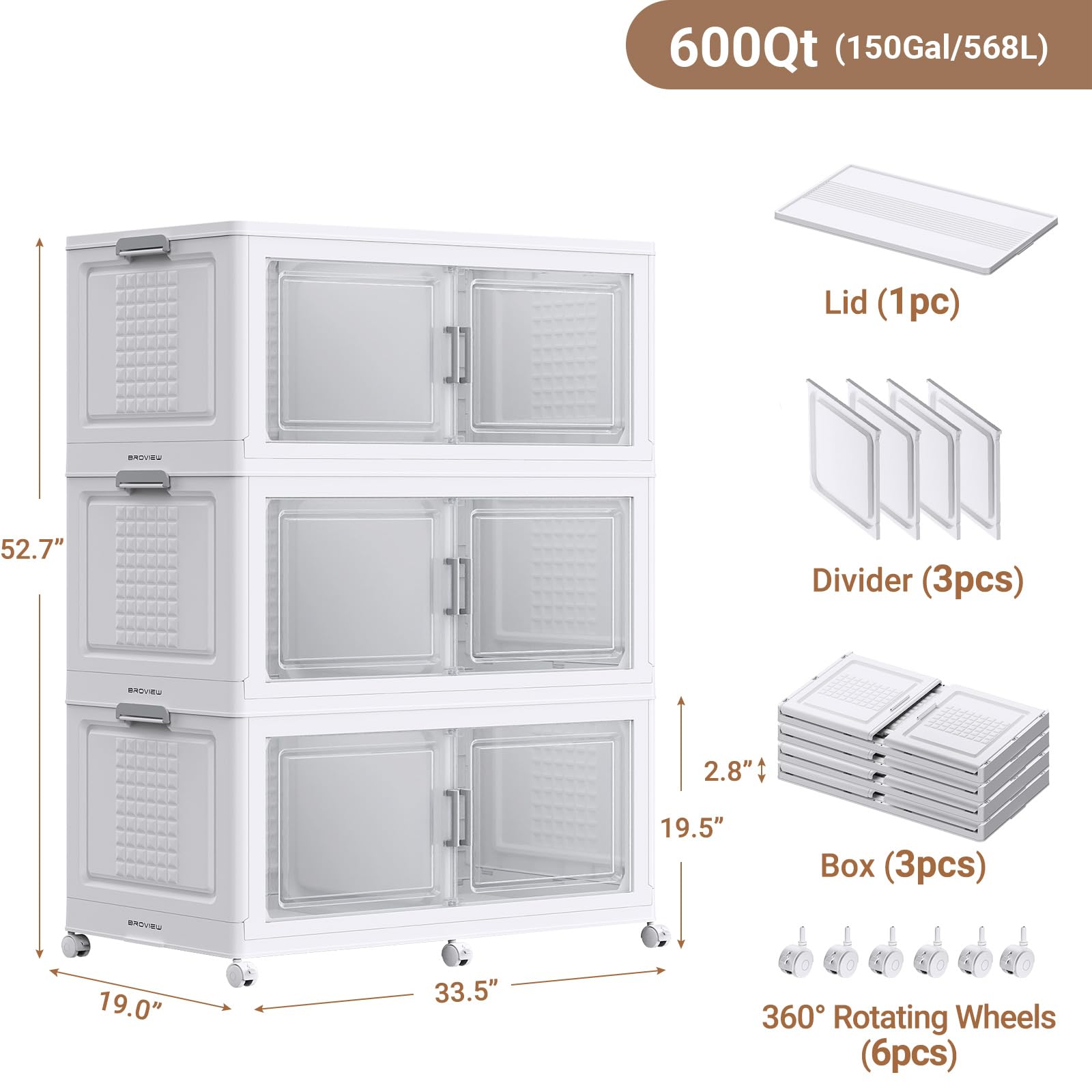 150Gal XL Stackable Storage Bins Foldable Box Cabinet for Home 3Pack White