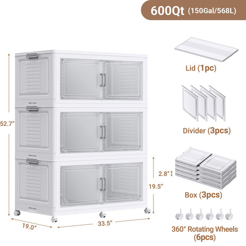 150Gal XL Stackable Storage Bins Foldable Box Cabinet for Home 3Pack White